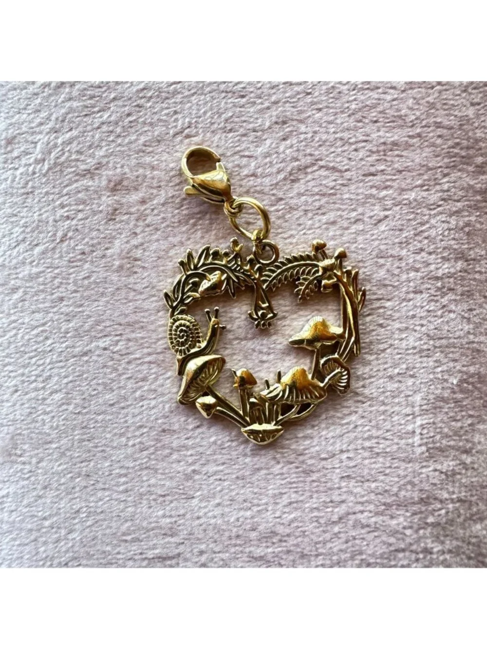Heart-Shaped Forest Charm w/ Mushrooms & Snail Lobster Claw Clasp - Picture 12 of 14